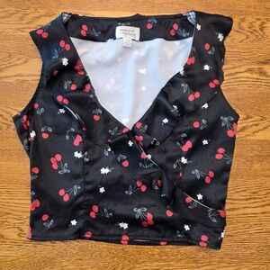 Unique Vintage XS  Ruffle Surplice Sleeveless Wrap Blouse Black White Cherry